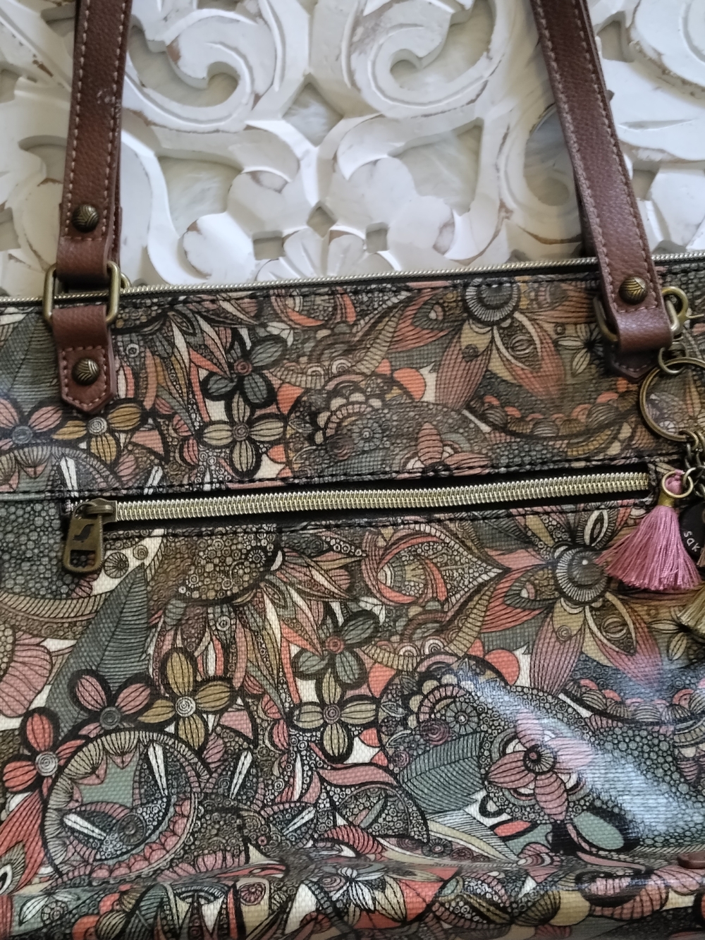 Floral Pattern Tote Bag in Pink, Brown & Green